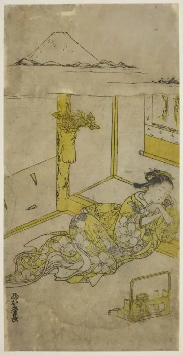Framed Print : Sleeping Young Woman with Mt. Fuji Above, c. 1740s. Creator: Nishimura Shigenaga Framed Print : Sleeping Young Woman with Mt. Fuji Above, c. 1740s. Creator: Nishimura Shigenaga