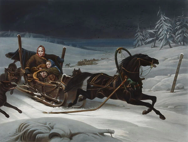 Sleigh of a Russian family pursued by wolves, 1830s