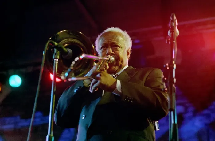 Framed Print : Slide Hampton, Brecon Jazz Festival, Powys, Wales, August 12, 2005. Artist: Brian O Connor Framed Print : Slide Hampton, Brecon Jazz Festival, Powys, Wales, August 12, 2005. Artist: Brian O Connor