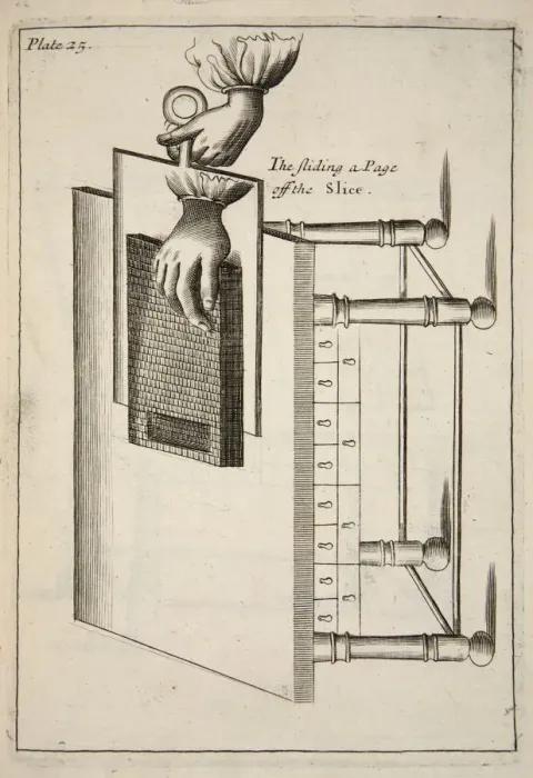 Framed Print : The Sliding a Page off the Slice, pub. 1683 (engraving). Creator: English School (17th Century) Framed Print : The Sliding a Page off the Slice, pub. 1683 (engraving). Creator: English School (17th Century)