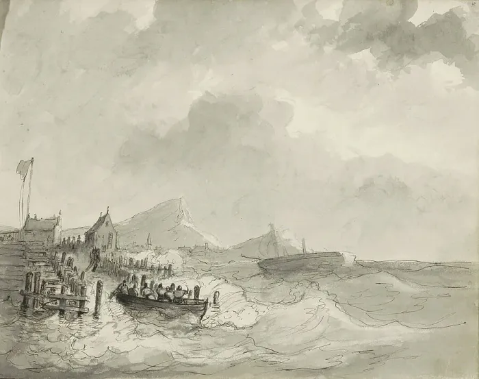 Framed Print : Sloop with figures at a landing place, c.1825-c.1875. Creator: Circle of Petrus Johannes Schotel Framed Print : Sloop with figures at a landing place, c.1825-c.1875. Creator: Circle of Petrus Johannes Schotel
