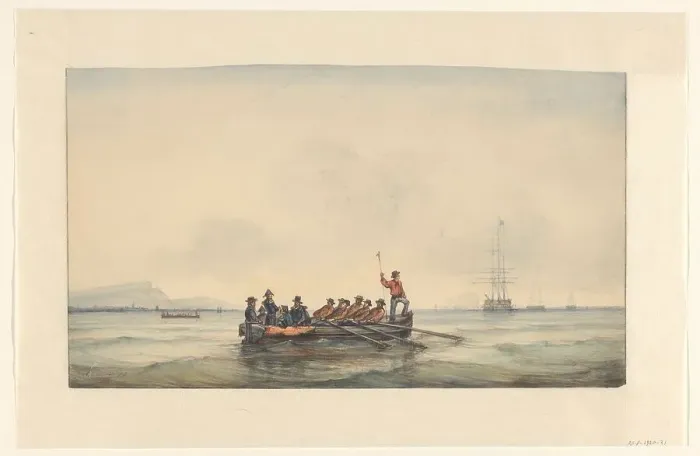 Framed Print : Sloop transports officers to a ship, 1829-1879. Creator: Ary Pleijsier Framed Print : Sloop transports officers to a ship, 1829-1879. Creator: Ary Pleijsier