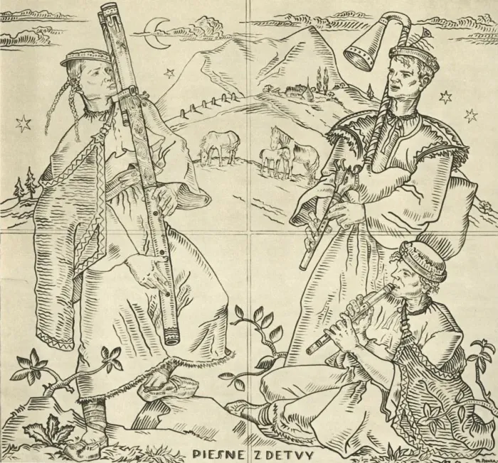 Framed Print : Slovak fuyara, bagpipes and pipe. Sketch for sgraffito work on the bridge in Piest any Framed Print : Slovak fuyara, bagpipes and pipe. Sketch for sgraffito work on the bridge in Piest any