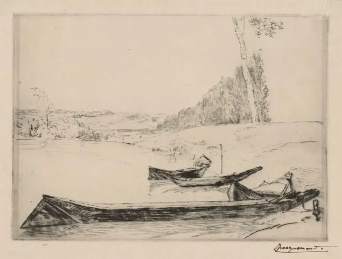 Framed Print : Small ferry-boats on the banks oft he Seine, c. 1858. Creator: Felix Bracquemond (French Framed Print : Small ferry-boats on the banks oft he Seine, c. 1858. Creator: Felix Bracquemond (French