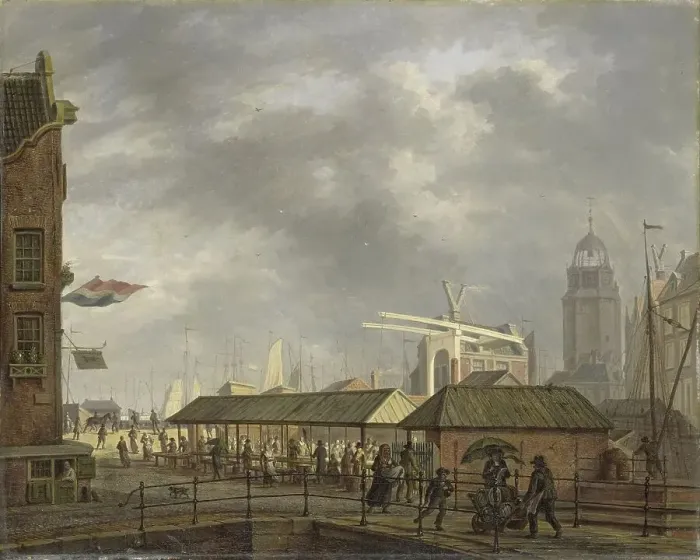 Framed Print : The small Fish Market on the Corner of the Brouwersgracht and Singel, Amsterdam, 1826. Creator: Johannes Jelgerhuis Framed Print : The small Fish Market on the Corner of the Brouwersgracht and Singel, Amsterdam, 1826. Creator: Johannes Jelgerhuis
