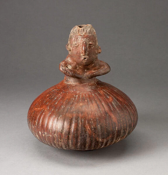 Small Fluted Bottle with Neck in Form of a Figure Holding Arms to Chest, c. A. D. 200