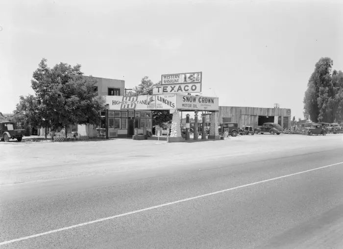 Framed Print : Small independent gas stations litter the highway, near Kingsburg, California, 1939. Creator: Dorothea Lange Framed Print : Small independent gas stations litter the highway, near Kingsburg, California, 1939. Creator: Dorothea Lange