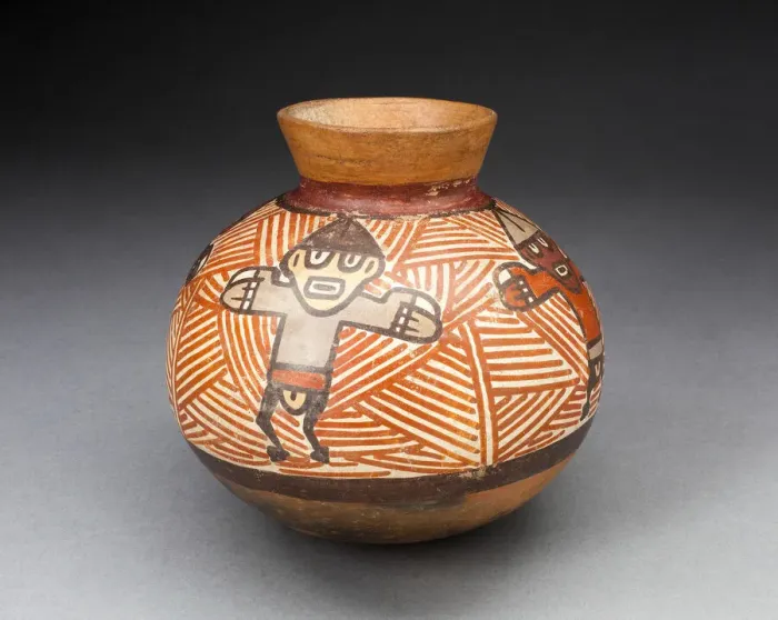 Framed Print : Small Jar Depicting Figures with Outstretched Arms, Standing against Red-Striped Framed Print : Small Jar Depicting Figures with Outstretched Arms, Standing against Red-Striped
