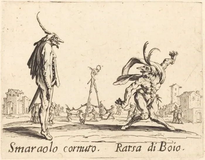 Framed Print : Smaralo Cornuto and Ratsa di Boio, c. 1622. Creator: Jacques Callot Framed Print : Smaralo Cornuto and Ratsa di Boio, c. 1622. Creator: Jacques Callot