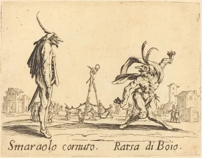 Framed Print : Smaralo Cornuto and Ratsa di Boio, c. 1622. Creator: Jacques Callot Framed Print : Smaralo Cornuto and Ratsa di Boio, c. 1622. Creator: Jacques Callot