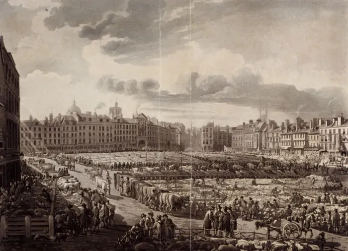 Framed Print : Smithfield Market, London, 1811 Artist: J Bluck Framed Print : Smithfield Market, London, 1811 Artist: J Bluck