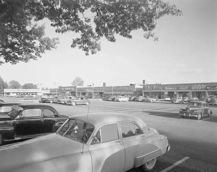 Framed Print : Smithtown Shopping Center, 1954. Creator: Gottscho-Schleisner, Inc Framed Print : Smithtown Shopping Center, 1954. Creator: Gottscho-Schleisner, Inc