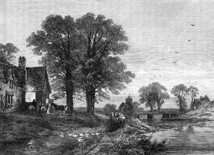 Framed Print : The Smithy, by the late T. Creswick, R.A. 1870. Creator: Unknown Framed Print : The Smithy, by the late T. Creswick, R.A. 1870. Creator: Unknown