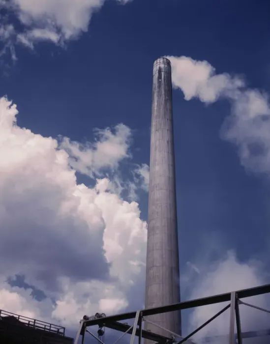 Framed Print : Smoke stack of TVA chemical plant where elemental... vicinity of Muscle Shoals, Alabama, 1942. Creator: Alfred T Palmer Framed Print : Smoke stack of TVA chemical plant where elemental... vicinity of Muscle Shoals, Alabama, 1942. Creator: Alfred T Palmer