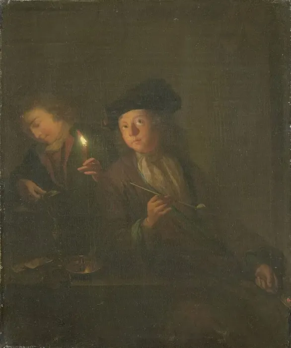 Framed Print : The Smoker (A Man with a Pipe and a Man Pouring a Beverage into a Glass), 1690-1706. Creator: Godfried Schalcken Framed Print : The Smoker (A Man with a Pipe and a Man Pouring a Beverage into a Glass), 1690-1706. Creator: Godfried Schalcken
