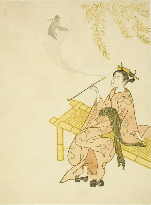 Framed Print : Smoking on a Bench, 1765. Creator: Suzuki Harunobu Framed Print : Smoking on a Bench, 1765. Creator: Suzuki Harunobu