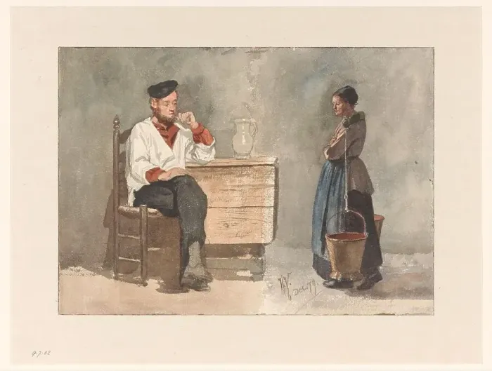 Framed Print : Smoking sailor, woman with yoke and milk buckets, 1879. Creator: Hendrik Valkenburg Framed Print : Smoking sailor, woman with yoke and milk buckets, 1879. Creator: Hendrik Valkenburg