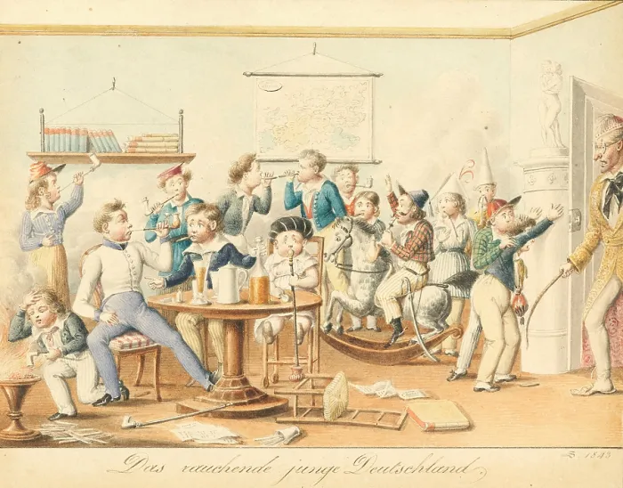 Framed Print : The smoking young Germany, 1843. Creator: Schoeller, Johann Christian (1782-1851) Framed Print : The smoking young Germany, 1843. Creator: Schoeller, Johann Christian (1782-1851)
