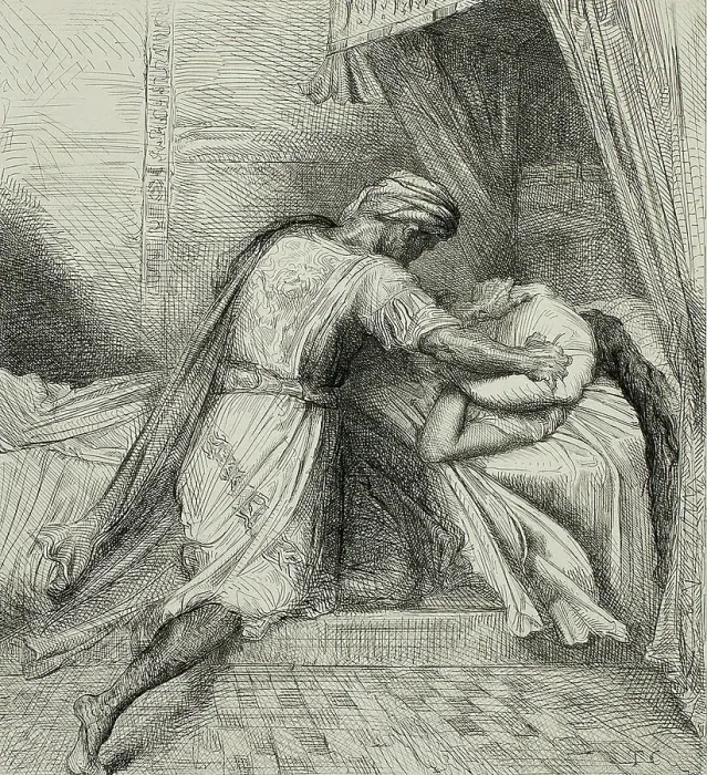 Framed Print : He Smothers Her, plate thirteen from Othello, 1844. Creator: Theodore Chasseriau Framed Print : He Smothers Her, plate thirteen from Othello, 1844. Creator: Theodore Chasseriau