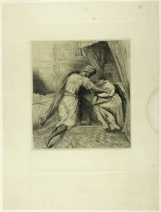 Framed Print : He Smothers Her, plate thirteen from Othello, 1844. Creator: Theodore Chasseriau