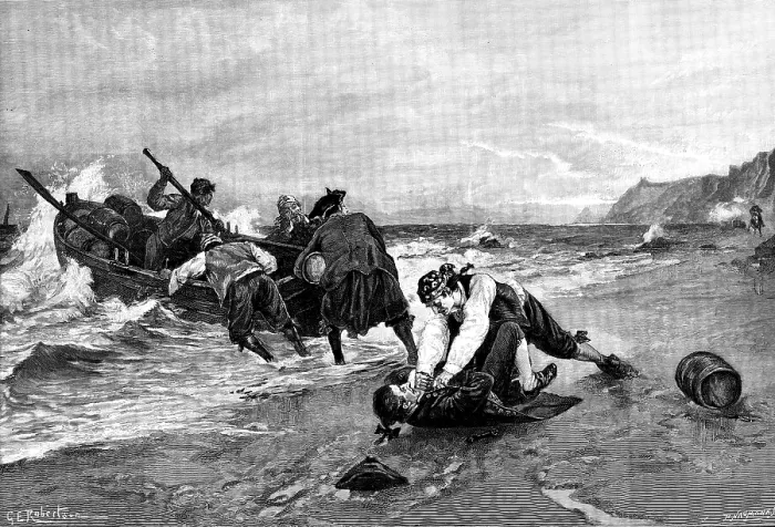 Framed Print : Smugglers Surprised: a Critical Moment, 1890. Creator: P Naumann Framed Print : Smugglers Surprised: a Critical Moment, 1890. Creator: P Naumann