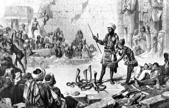 Framed Print : Snake Charmer in the second room of Medinet-Habou, 1881. Artist: Weber M Framed Print : Snake Charmer in the second room of Medinet-Habou, 1881. Artist: Weber M
