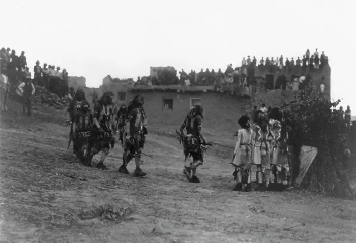 Framed Print : Snake dancers entering the plaza, c1905. Creator: Edward Sheriff Curtis Framed Print : Snake dancers entering the plaza, c1905. Creator: Edward Sheriff Curtis