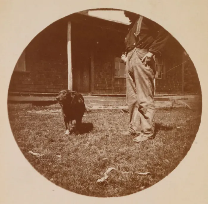 Framed Print : Snapshot: Dog and Man, ca. 1890. Creator: Unknown Framed Print : Snapshot: Dog and Man, ca. 1890. Creator: Unknown