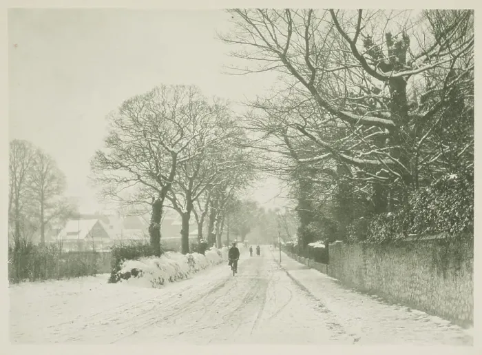 Framed Print : Snow on a country road. From the album: Photograph album - England, 1920s. Creator: Harry Moult