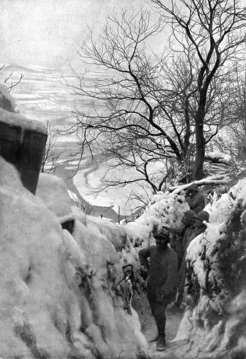 Framed Print : In Snow on the Italian Front; December: the Piave valley, seen from a French trench.. 1917. Creator: Unknown Framed Print : In Snow on the Italian Front; December: the Piave valley, seen from a French trench.. 1917. Creator: Unknown