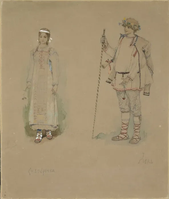 Framed Print : Snow Maiden and Lel. Costume design for the opera Snow Maiden by N. Rimsky-Korsakov, 1885. Artist: Vasnetsov, Viktor Mikhaylovich (1848-1926) Framed Print : Snow Maiden and Lel. Costume design for the opera Snow Maiden by N. Rimsky-Korsakov, 1885. Artist: Vasnetsov, Viktor Mikhaylovich (1848-1926)