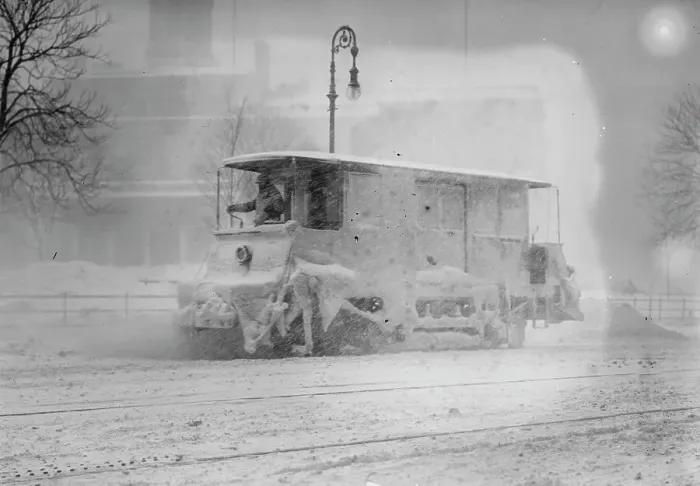 Framed Print : Snow plow during storm, New York, 1910. Creator: Bain News Service Framed Print : Snow plow during storm, New York, 1910. Creator: Bain News Service