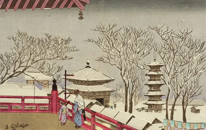 Framed Print : Snow Scene at Asakusa Temple, 1881. Creator: Kobayashi Kiyochika Framed Print : Snow Scene at Asakusa Temple, 1881. Creator: Kobayashi Kiyochika