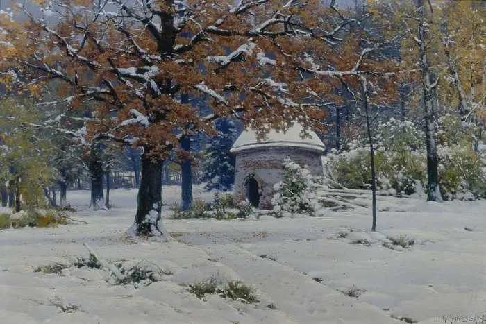 Framed Print : Snow in September, 1898. Artist: Kryzhitsky, Konstantin Yakovlevich (1858-1911) Framed Print : Snow in September, 1898. Artist: Kryzhitsky, Konstantin Yakovlevich (1858-1911)