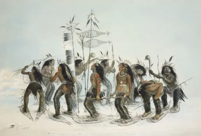 Framed Print : The Snow Shoe Dance, pub. 1845 (colour lithograph). Creator: George Catlin (1796 - 1872) Framed Print : The Snow Shoe Dance, pub. 1845 (colour lithograph). Creator: George Catlin (1796 - 1872)