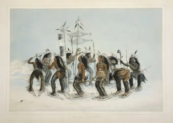 Framed Print : The Snow Shoe Dance, pub. 1845 (colour lithograph). Creator: George Catlin (1796 - 1872) Framed Print : The Snow Shoe Dance, pub. 1845 (colour lithograph). Creator: George Catlin (1796 - 1872)