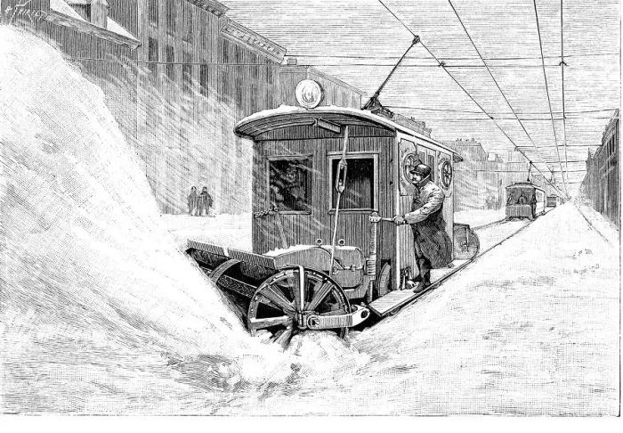 Framed Print : Snowplough train - tram, clearing the streets of the city of Minnesota in 1893 Framed Print : Snowplough train - tram, clearing the streets of the city of Minnesota in 1893