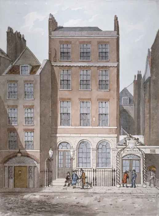 Framed Print : Snows Banking House and Twinings tea merchants, Strand, Westminster, London, c1810 Framed Print : Snows Banking House and Twinings tea merchants, Strand, Westminster, London, c1810