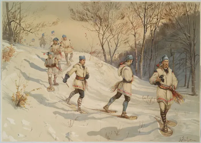 Framed Print : Snowshoeing, c.1880. Creator: Sandham, Henry (1842-1910) Framed Print : Snowshoeing, c.1880. Creator: Sandham, Henry (1842-1910)