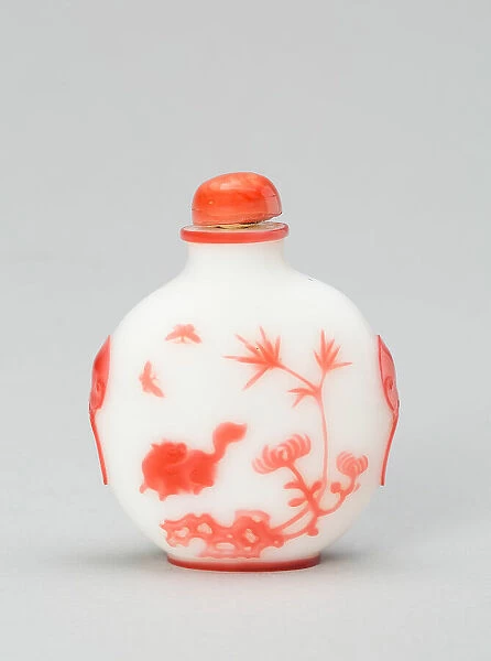 Snuff Bottle with a Cat and Two Butterflies near Bamboo, Rockwork, and Chrysanthemum...1800-1900. Creator: Unknown