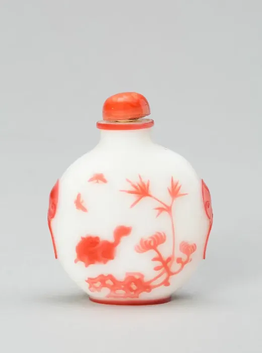 Framed Print : Snuff Bottle with a Cat and Two Butterflies near Bamboo, Rockwork, and Chrysanthemum...1800-1900. Creator: Unknown Framed Print : Snuff Bottle with a Cat and Two Butterflies near Bamboo, Rockwork, and Chrysanthemum...1800-1900. Creator: Unknown