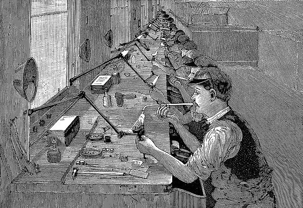 Soldering bicycle parts in an American factory, c1900