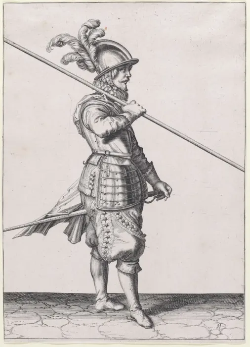 Framed Print : A soldier carrying his pike at the slope, from the Lansquenets series, plate 11... published 1608. Creator: Robert Willemsz de Baudous Framed Print : A soldier carrying his pike at the slope, from the Lansquenets series, plate 11... published 1608. Creator: Robert Willemsz de Baudous