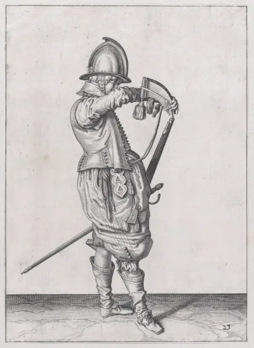 Framed Print : A soldier charging his caliver which is held stock down, from the Marksmen serie... published 1608. Creator: Robert Willemsz de Baudous Framed Print : A soldier charging his caliver which is held stock down, from the Marksmen serie... published 1608. Creator: Robert Willemsz de Baudous