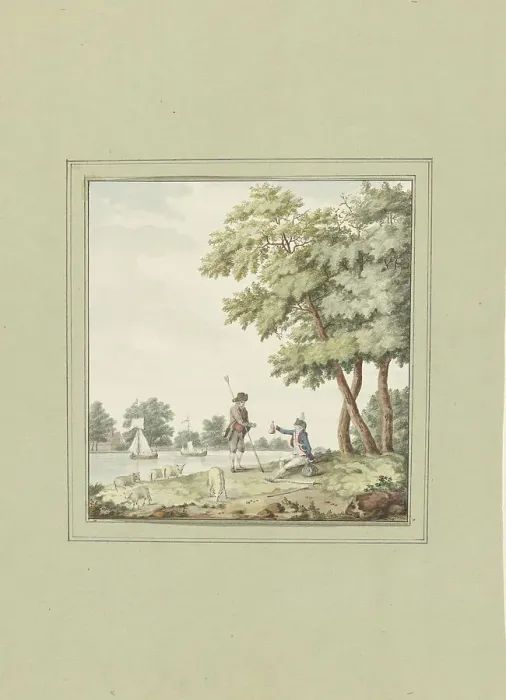 Framed Print : A soldier hands a shepherd a bag of money, 1700-1800. Creator: Anon Framed Print : A soldier hands a shepherd a bag of money, 1700-1800. Creator: Anon