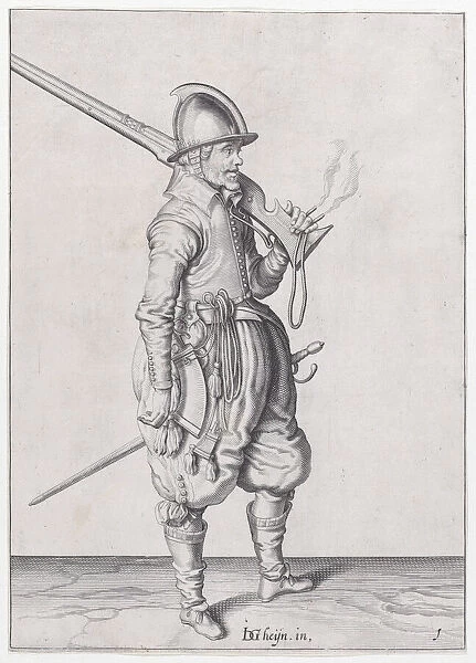 A soldier holding his caliver, from the Marksmen series, plate 1, in Waffenhandl... published 1608. Creator: Robert Willemsz de Baudous