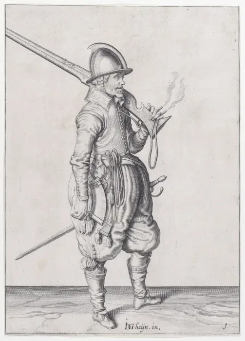 Framed Print : A soldier holding his caliver, from the Marksmen series, plate 1, in Waffenhandl... published 1608. Creator: Robert Willemsz de Baudous Framed Print : A soldier holding his caliver, from the Marksmen series, plate 1, in Waffenhandl... published 1608. Creator: Robert Willemsz de Baudous