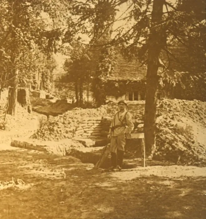 Framed Print : Soldier outside trench, Bois des Loges, northern France, c1914-c1918 Framed Print : Soldier outside trench, Bois des Loges, northern France, c1914-c1918