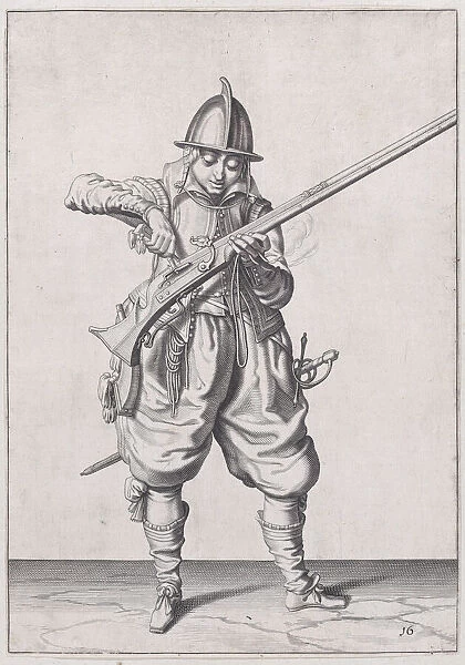 A soldier pouring powder into the pan, from the Marksmen series, plate 16, in Wa... published 1608. Creator: Robert Willemsz de Baudous