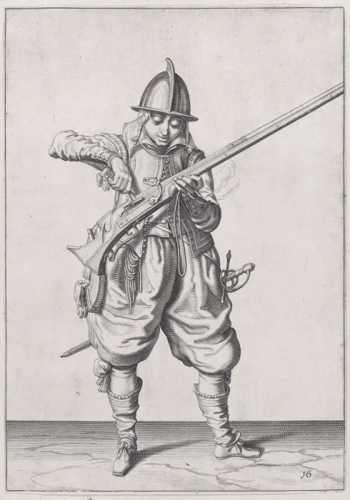 Framed Print : A soldier pouring powder into the pan, from the Marksmen series, plate 16, in Wa... published 1608. Creator: Robert Willemsz de Baudous Framed Print : A soldier pouring powder into the pan, from the Marksmen series, plate 16, in Wa... published 1608. Creator: Robert Willemsz de Baudous